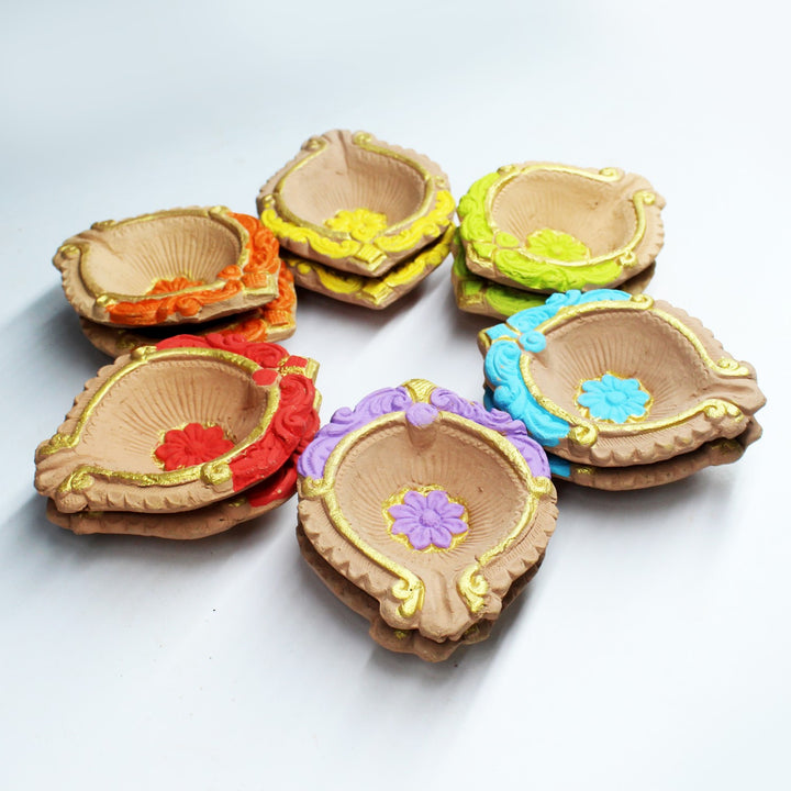 Hand-Crafted Assorted Colour Motiff Diya | Diwai Special | Pack Of 12