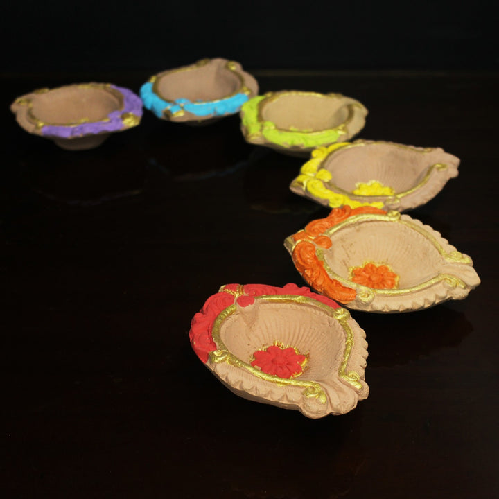 Hand-Crafted Assorted Colour Motiff Diya | Diwai Special | Pack Of 12