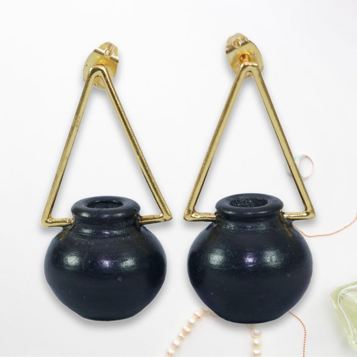 Dangler Kalash Earring | Hand Crafted | Black Pottery | Artistic And Brass Made