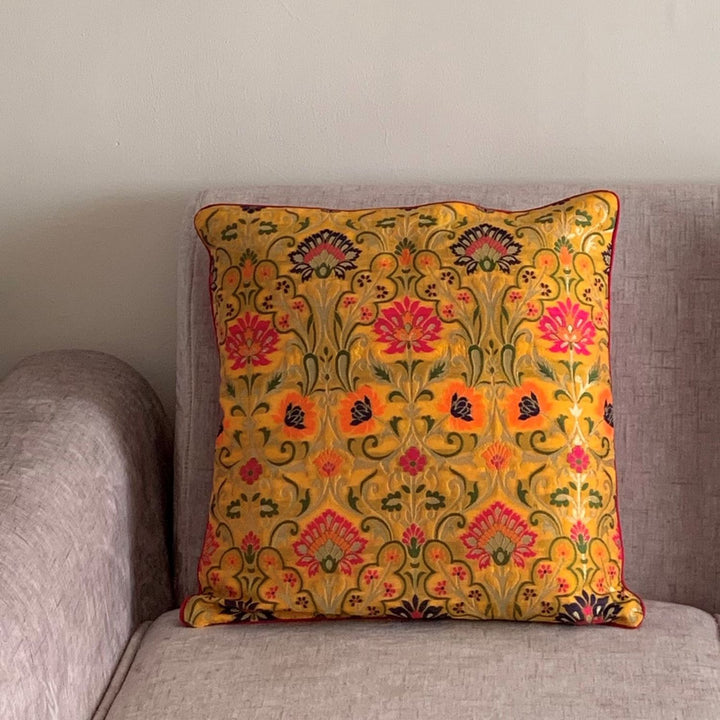 Mustard Yellow Banarasi Cushion Cover | Meenakari Design | 16" x 16"