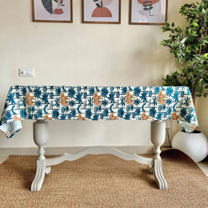 Dining Table Cloth | Forest Theme | Marine Blue And White | 4, 6, 8 Seater