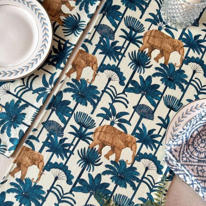 Dining Table Cloth | Forest Theme | Marine Blue And White | 4, 6, 8 Seater