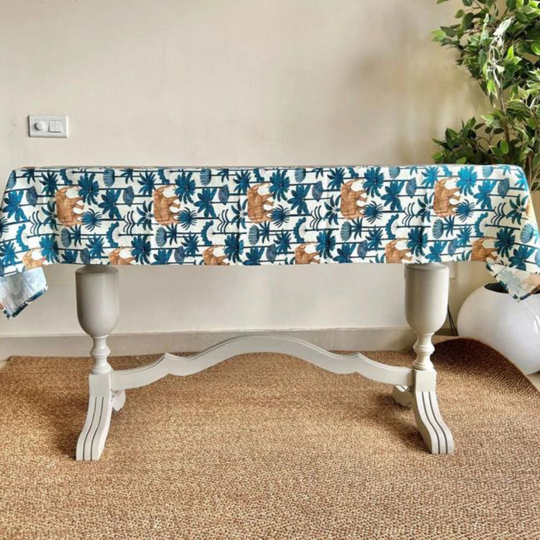 Dining Table Cloth | Forest Theme | Marine Blue And White | 4, 6, 8 Seater
