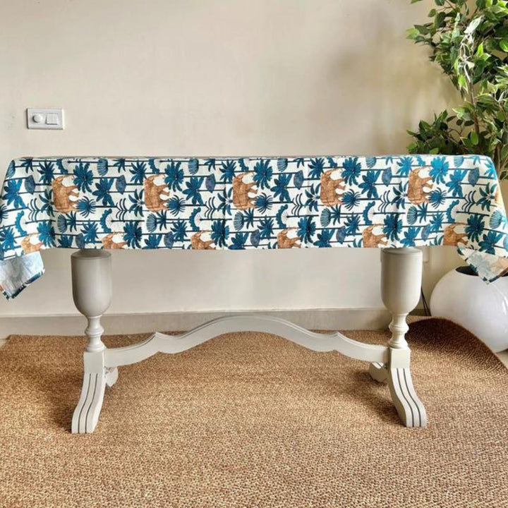 Dining Table Cloth | Forest Theme | Marine Blue And White | 4, 6, 8 Seater
