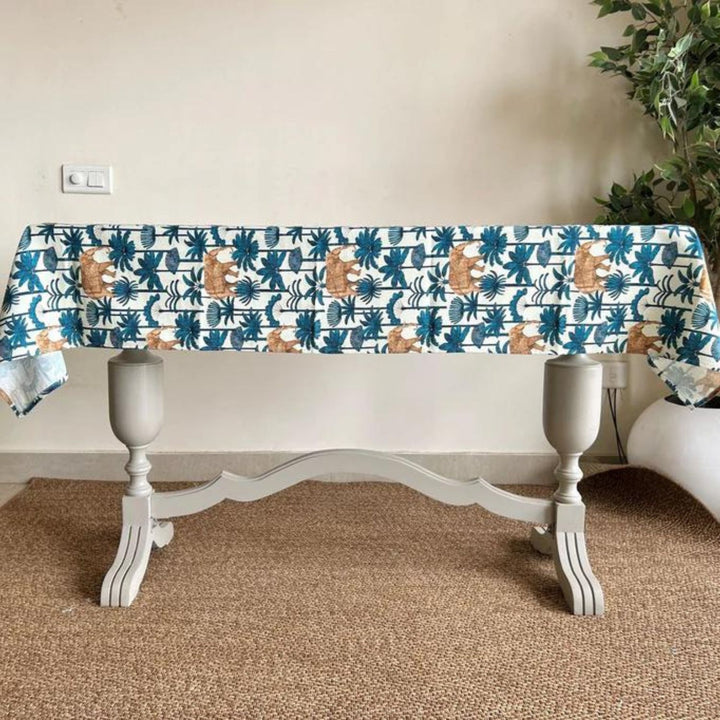 Dining Table Cloth | Forest Theme | Marine Blue And White | 4, 6, 8 Seater