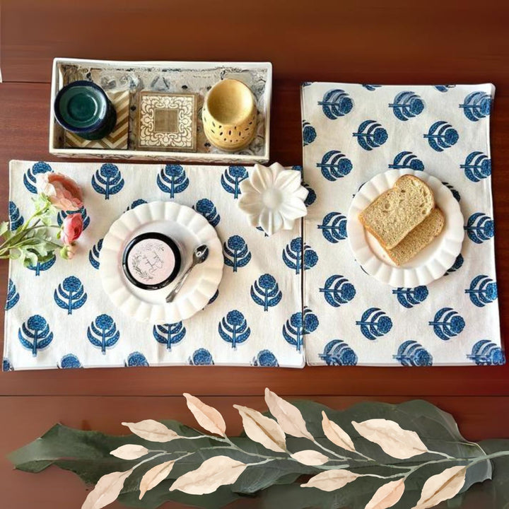 Dining Table Place Mats | Hand Crafted | Off White & Blue  | 12 x 18 Inches
