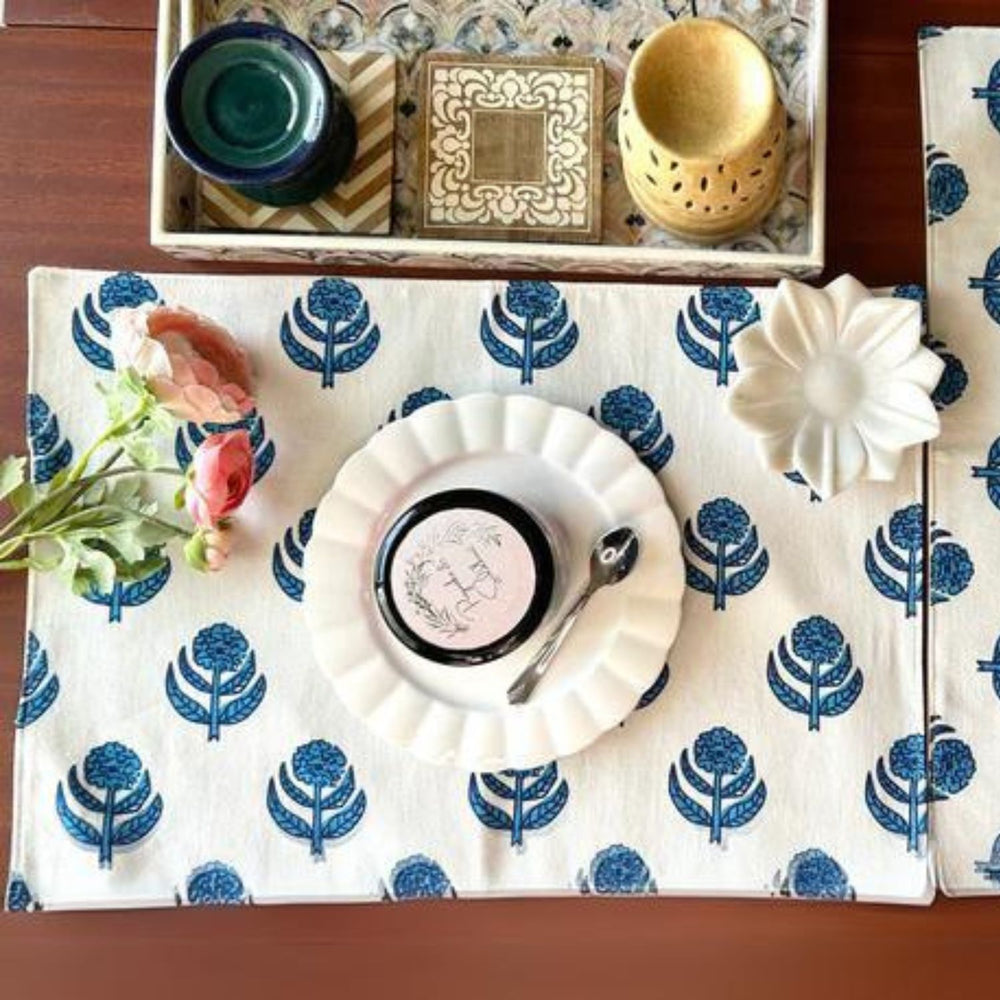 Dining Table Place Mats | Hand Crafted | Off White & Blue  | 12 x 18 Inches 