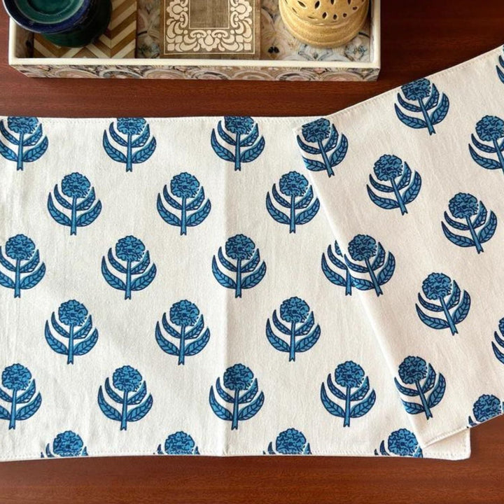 Dining Table Place Mats | Hand Crafted | Off White & Blue  | 12 x 18 Inches 