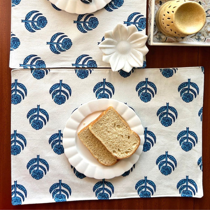 Dining Table Place Mats | Hand Crafted | Off White & Blue  | 12 x 18 Inches 