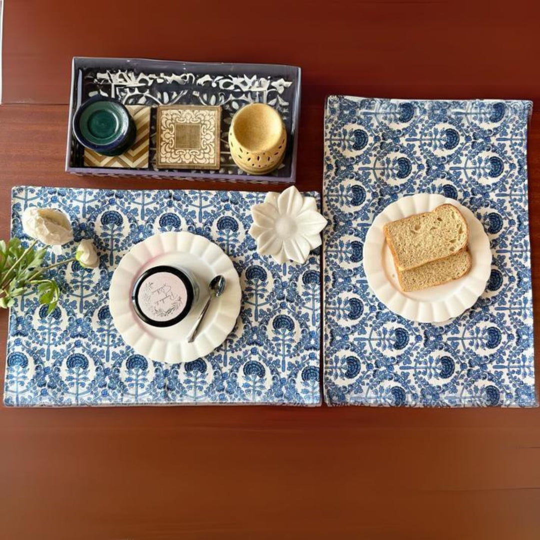 Dining Table Placemats | Intricate Floral Print | Navy and White | 12x18 Inches