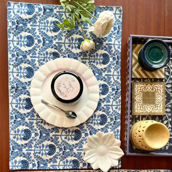 Dining Table Placemats | Intricate Floral Print | Navy and White | 12x18 Inches