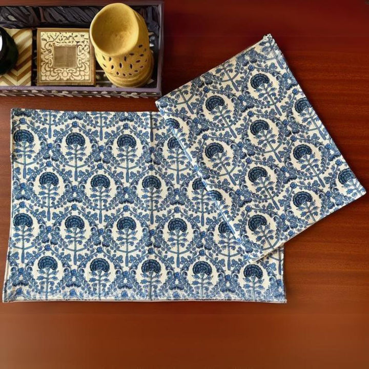 Dining Table Placemats | Intricate Floral Print | Navy and White | 12x18 Inches