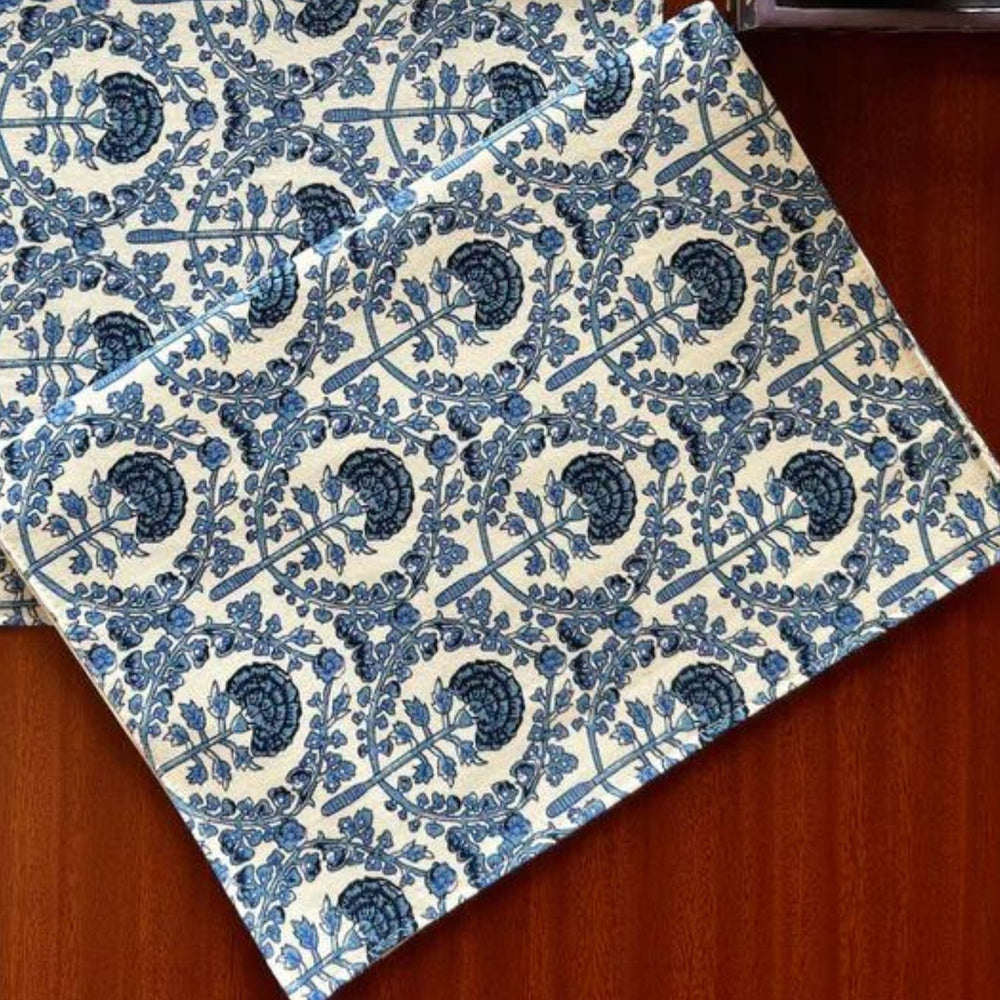 Dining Table Placemats | Intricate Floral Print | Navy and White | 12x18 Inches