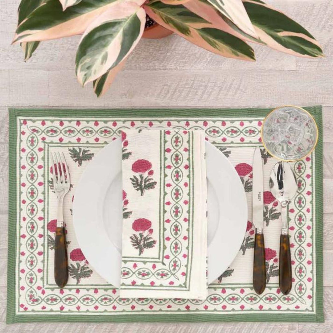 Dining Table Placemats | Intricate Floral Print | Off-white, Red & Green | 12"x18"