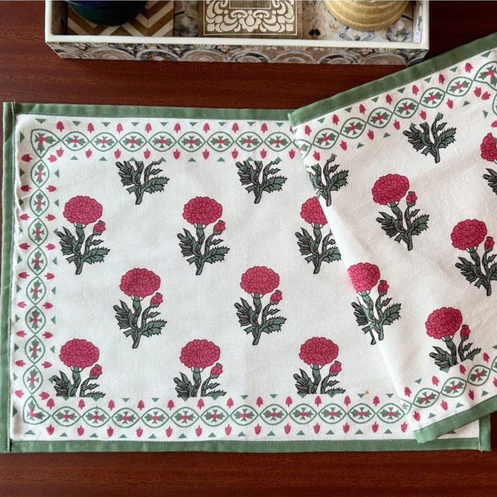 Dining Table Placemats | Intricate Floral Print | Off-white, Red & Green | 12"x18"