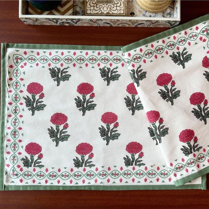 Dining Table Placemats | Intricate Floral Print | Off-white, Red & Green | 12"x18"