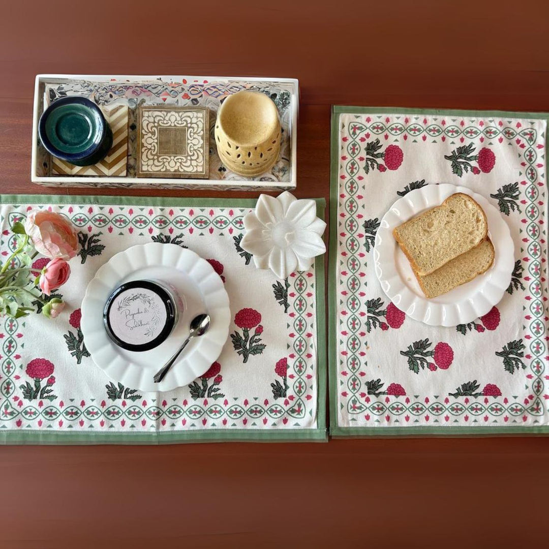 Dining Table Placemats | Intricate Floral Print | Off-white, Red & Green | 12"x18"