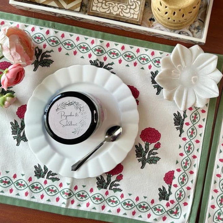 Dining Table Placemats | Intricate Floral Print | Off-white, Red & Green | 12"x18" 