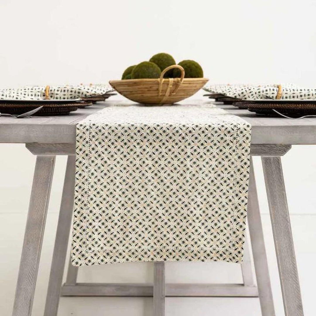 Dining Table  Runner | Henna Green & Off-White | Printed Cotton | 14"x72"