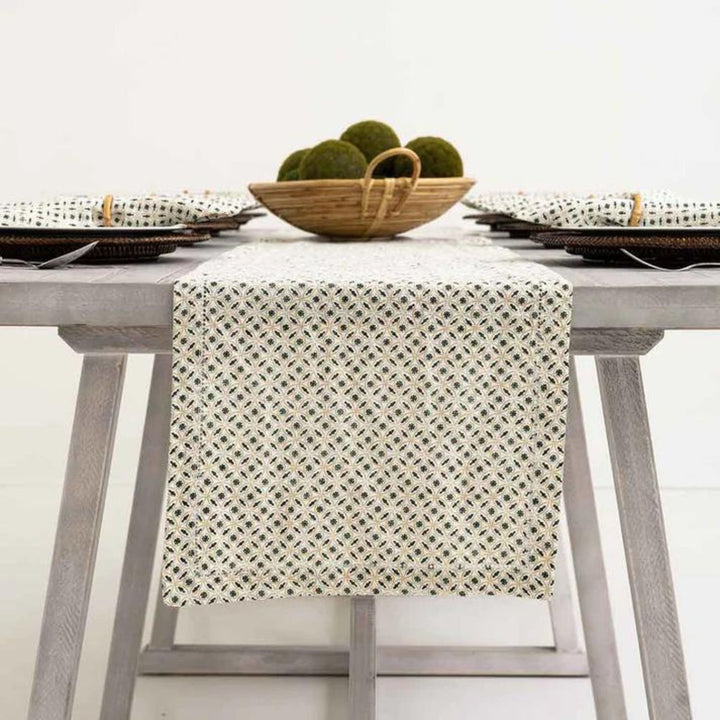 Dining Table  Runner | Henna Green & Off-White | Printed Cotton | 14"x72"