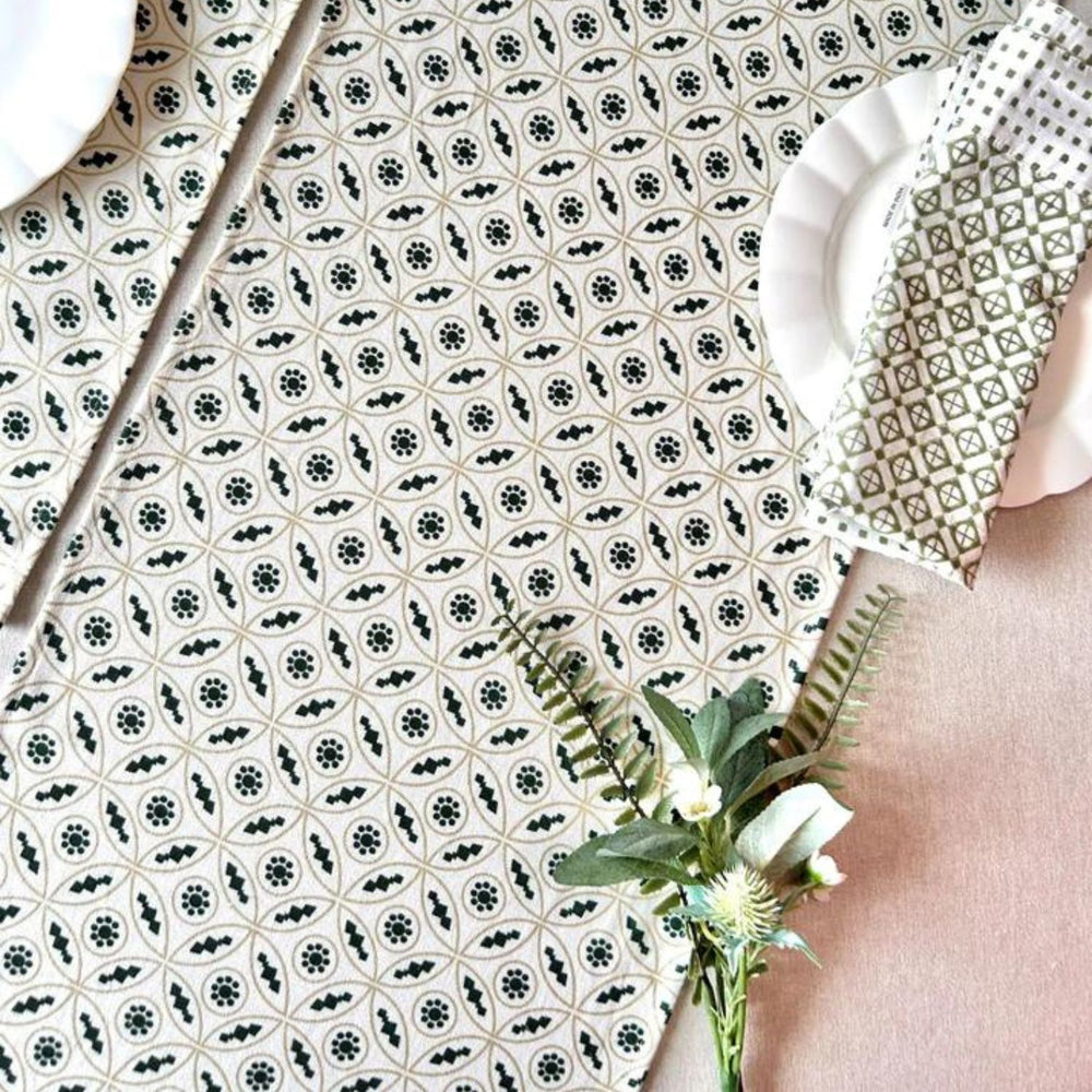 Dining Table  Runner | Henna Green & Off-White | Printed Cotton | 14"x72"