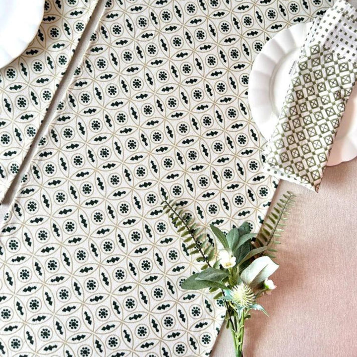 Dining Table  Runner | Henna Green & Off-White | Printed Cotton | 14"x72"