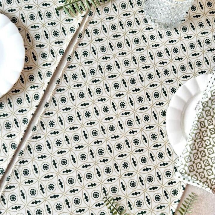 Dining Table  Runner | Henna Green & Off-White | Printed Cotton | 14"x72"