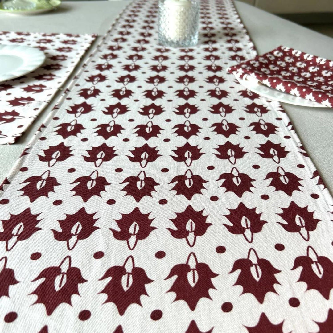 Dining Table Runner | Mahogany And White | Ethnic Motif | 14x72 Inches