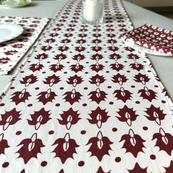 Dining Table Runner | Mahogany And White | Ethnic Motif | 14x72 Inches