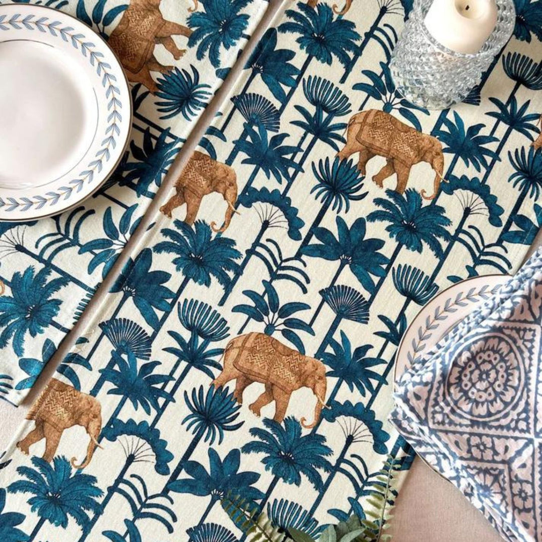 Dining Table Runner | Majestic Forest Theme Print | Deep Sea Blue | 14"x72"