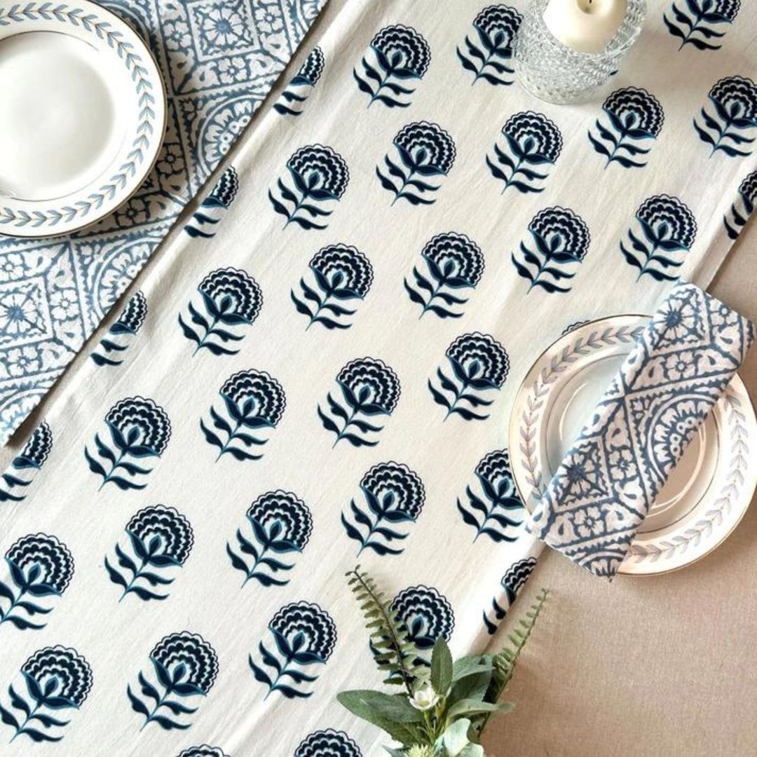 Dining Table Runner | Vibrant Floral Print | Navy Blue and White Cotton | 14" x 72" 