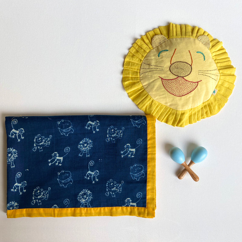 Dohar, Pillow & Maracas Set For Baby | Soft Cotton | Hand-Block Print | Pack Of 4