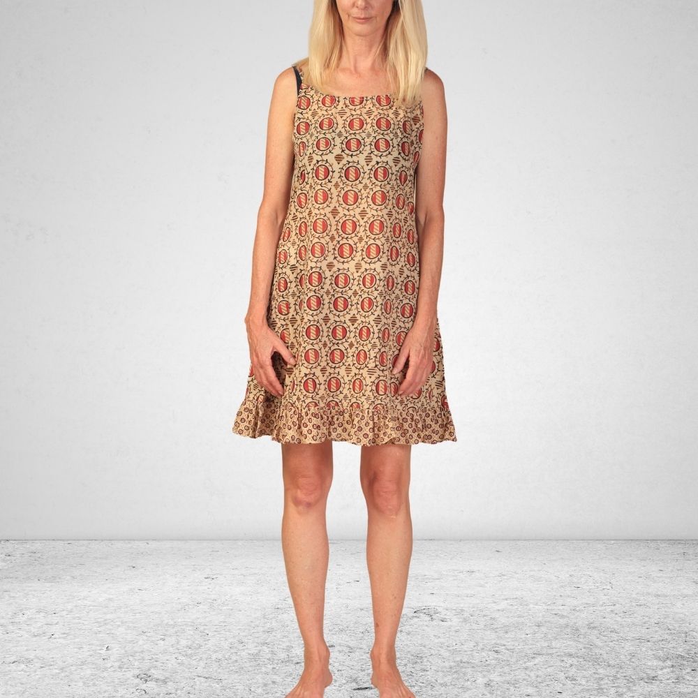 The Slip Dress | breathable Cotton | Hand Block Printed | Beige