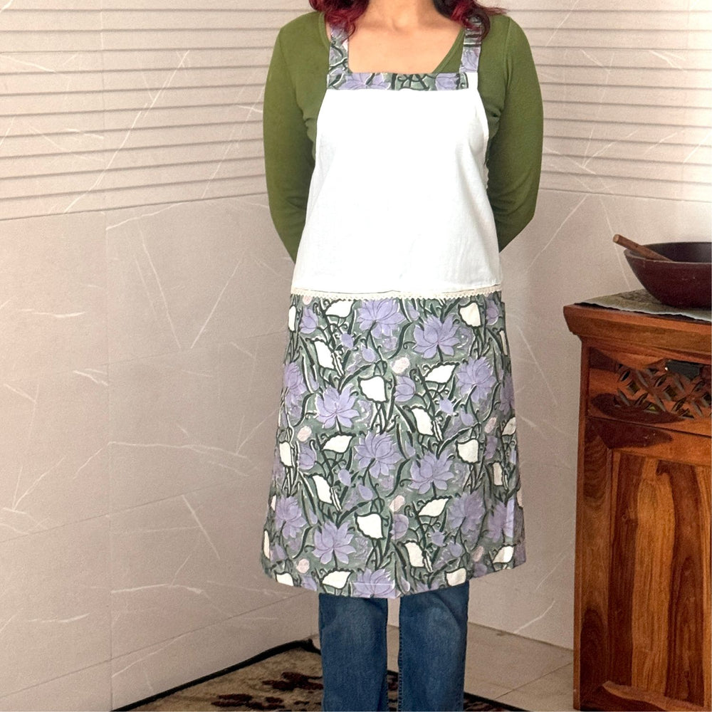 Dual Tone Sanganeri Hand Block Printed Cotton Apron with Pockets