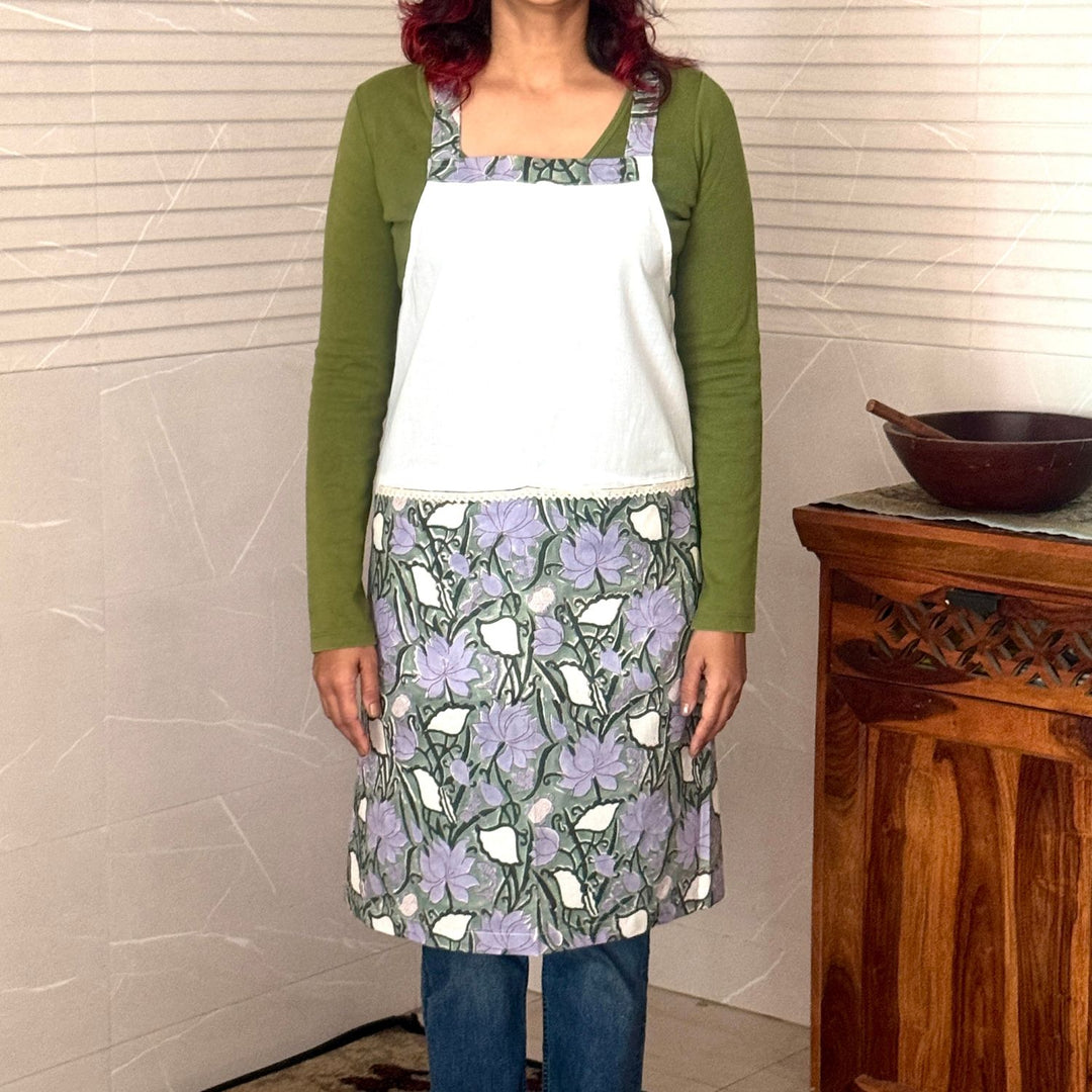 Dual Tone Sanganeri Hand Block Printed Cotton Apron with Pockets