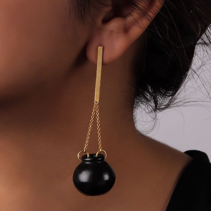 Earring | Gold Plated Brass and Black Pottery Crafted | Unique, Simple And Smart