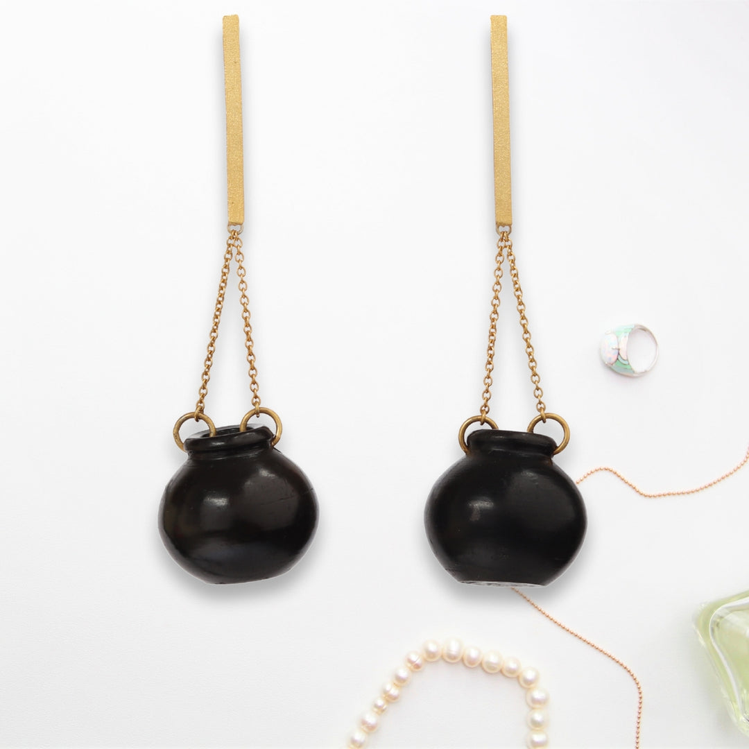 Earring | Gold Plated Brass and Black Pottery Crafted | Unique, Simple And Smart