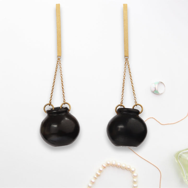 Earring | Gold Plated Brass and Black Pottery Crafted | Unique, Simple And Smart