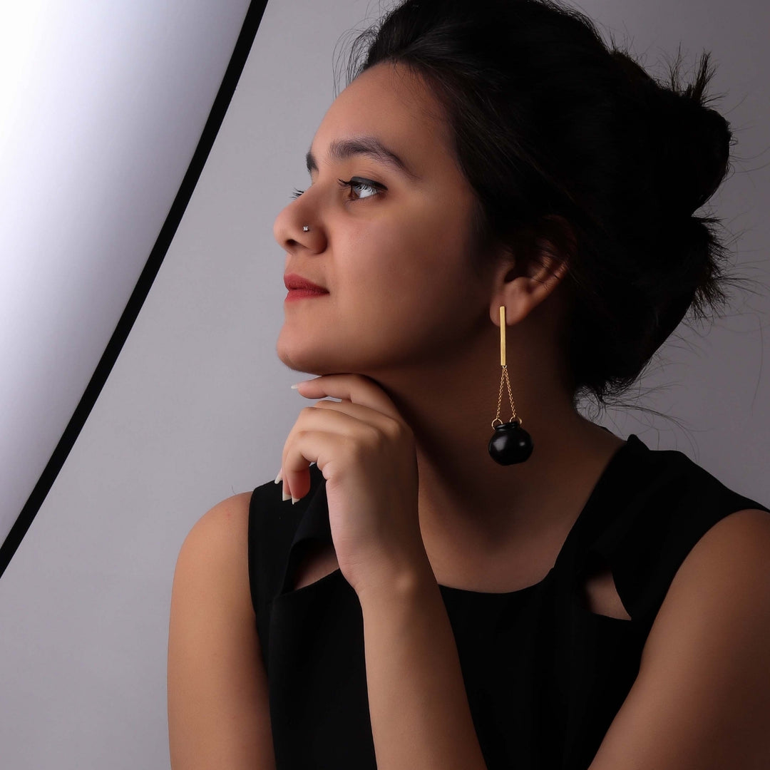 Earring | Gold Plated Brass and Black Pottery Crafted | Unique, Simple And Smart