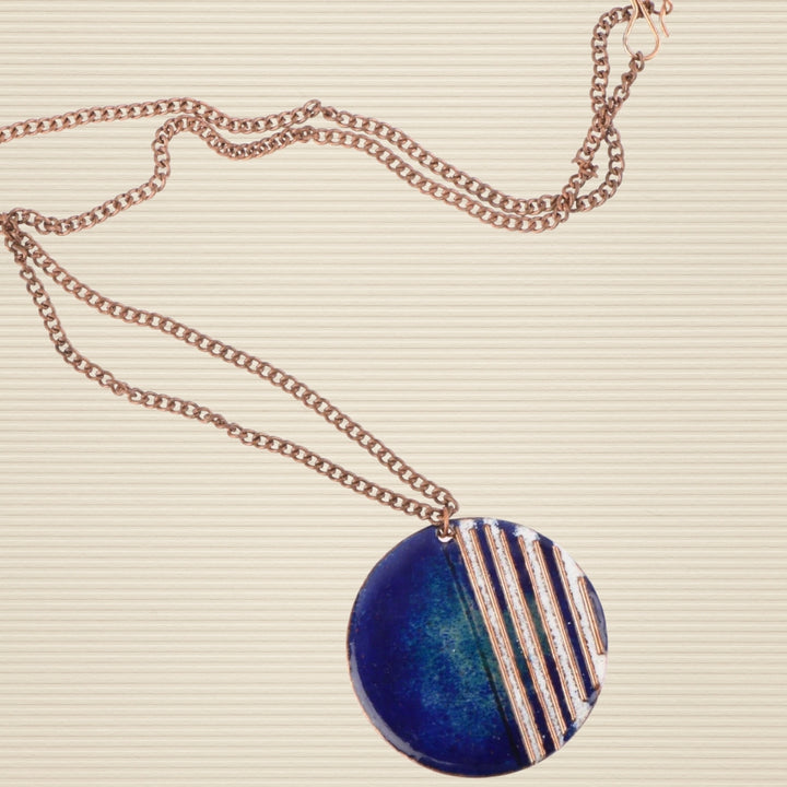 Crinkle Stripes Copper Enamel Pendant Necklace | Hand-crafted