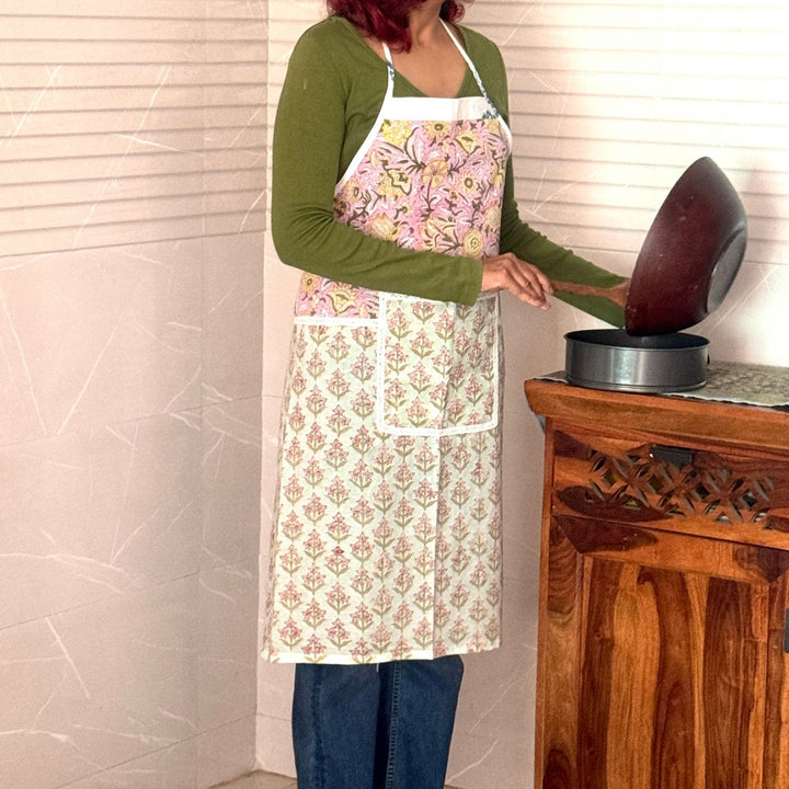 Elegant Pastel Hues Sanganeri Block-Print Apron with Front Pocket | Cotton