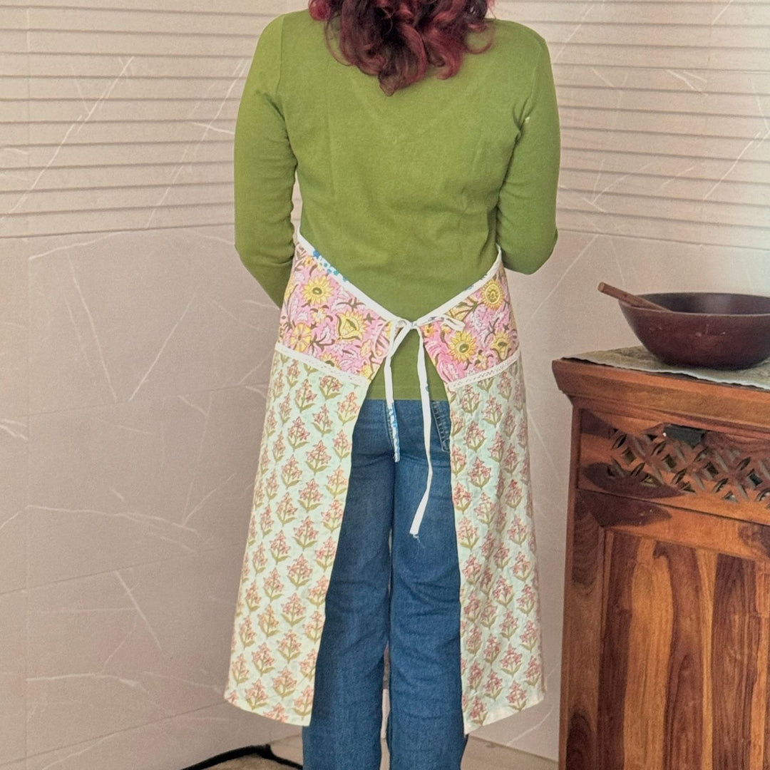 Elegant Pastel Hues Sanganeri Block-Print Apron with Front Pocket | Cotton