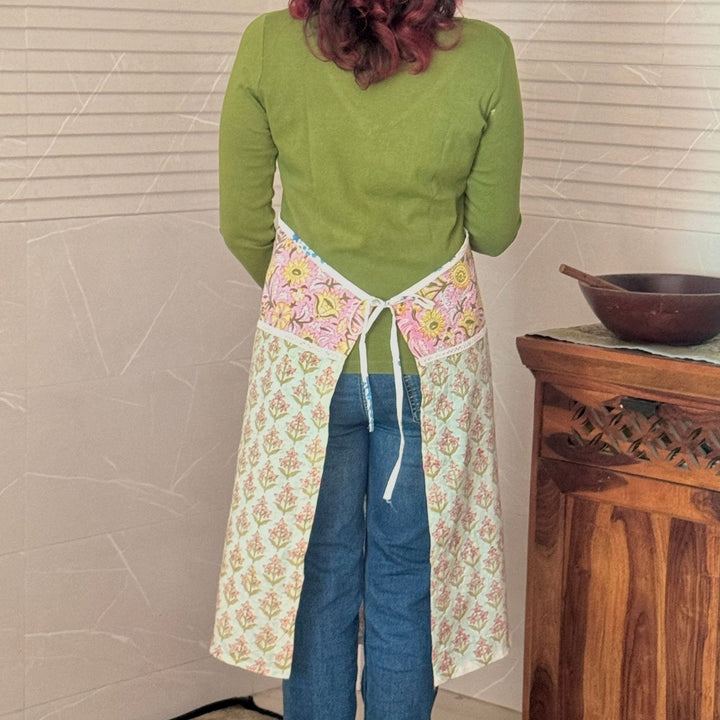 Elegant Pastel Hues Sanganeri Block-Print Apron with Front Pocket | Cotton