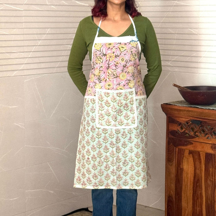 Elegant Pastel Hues Sanganeri Block-Print Apron with Front Pocket | Cotton