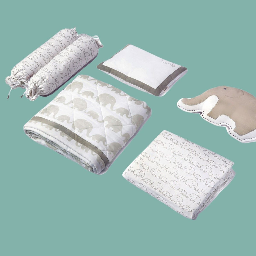 Elephant Grey Cot Bedding Set For Babies | Cotton | Set Of 6