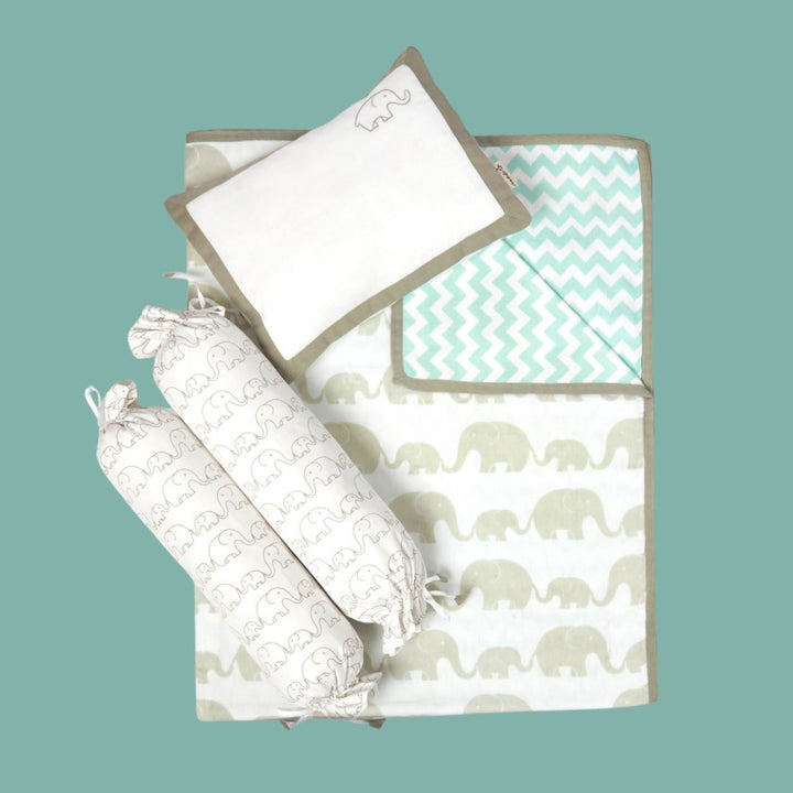 Elephant Mini Cot Dohar Bedding Set For Babies | Cotton | Set Of 4
