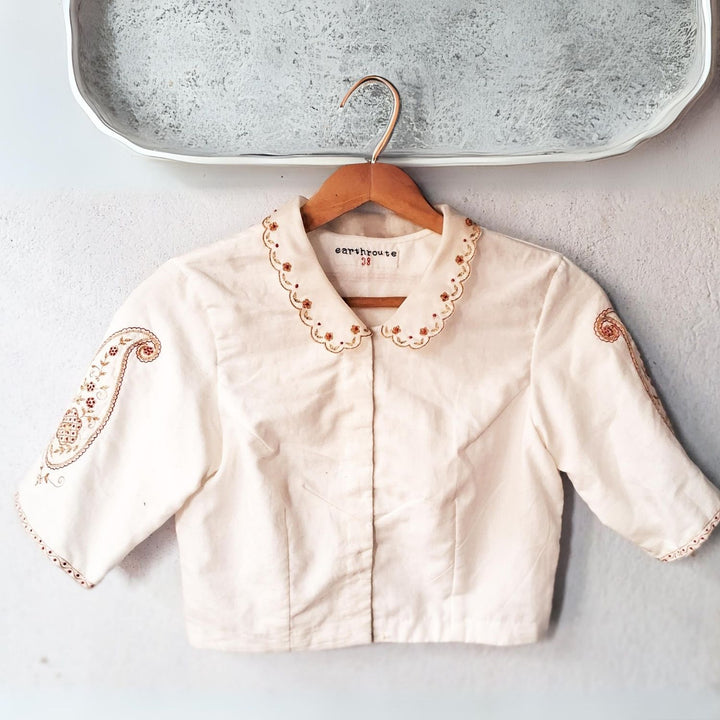 Embroidered Blouse For Women | Cotton Muslin | Scallop Collar | White