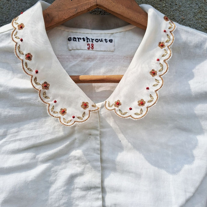 Embroidered Blouse For Women | Cotton Muslin | Scallop Collar | White