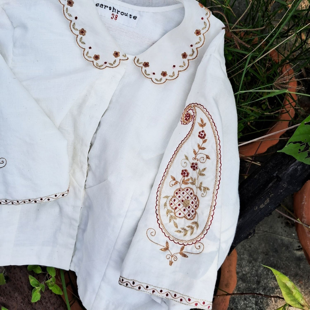 Embroidered Blouse For Women | Cotton Muslin | Scallop Collar | White