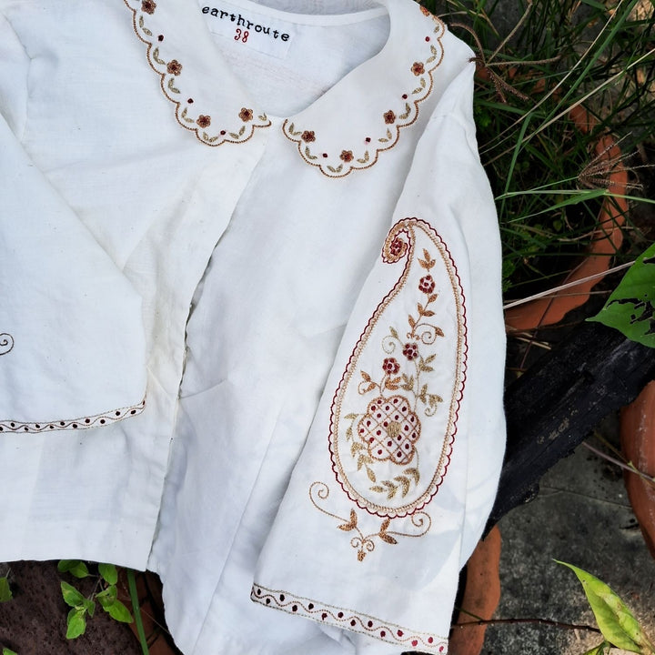 Embroidered Blouse For Women | Cotton Muslin | Scallop Collar | White